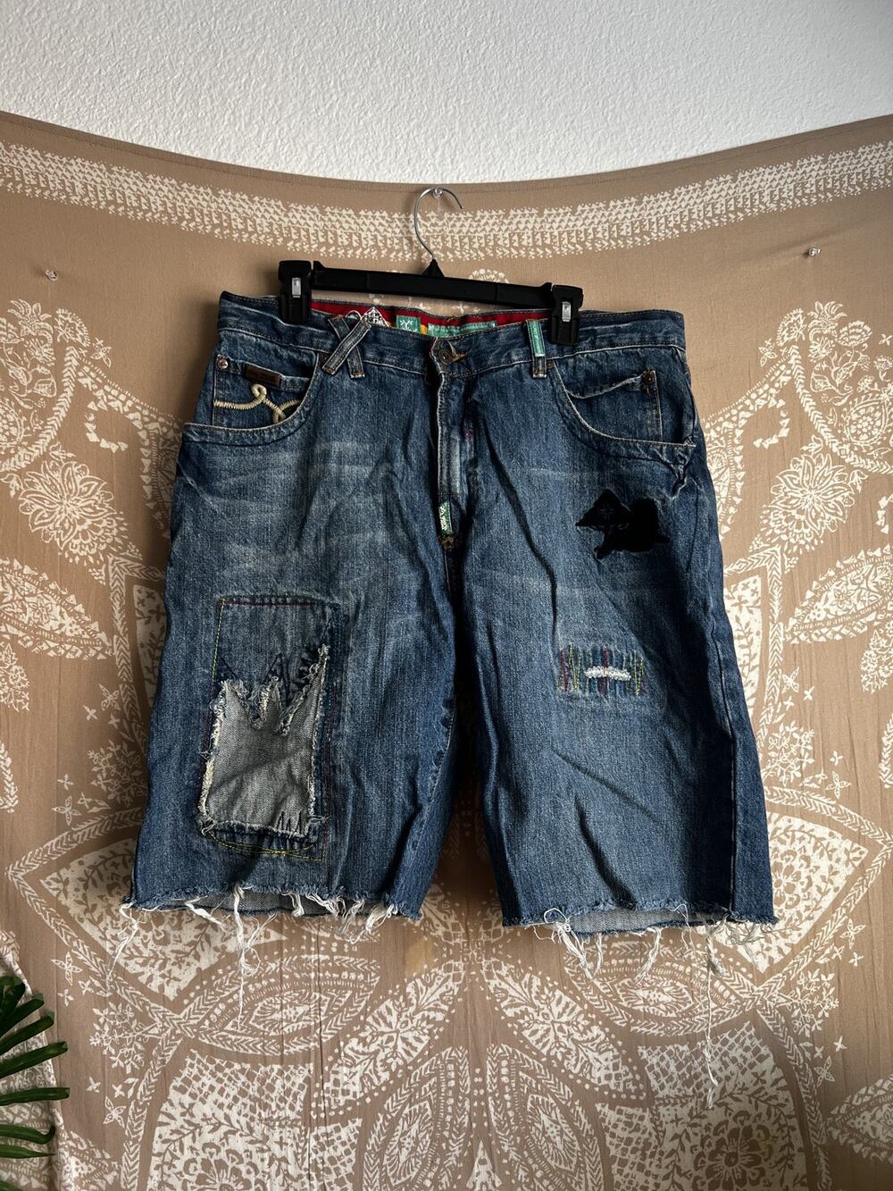 LR Gear No Babylon System Rasta Patchwork Denim Shorts Size 36